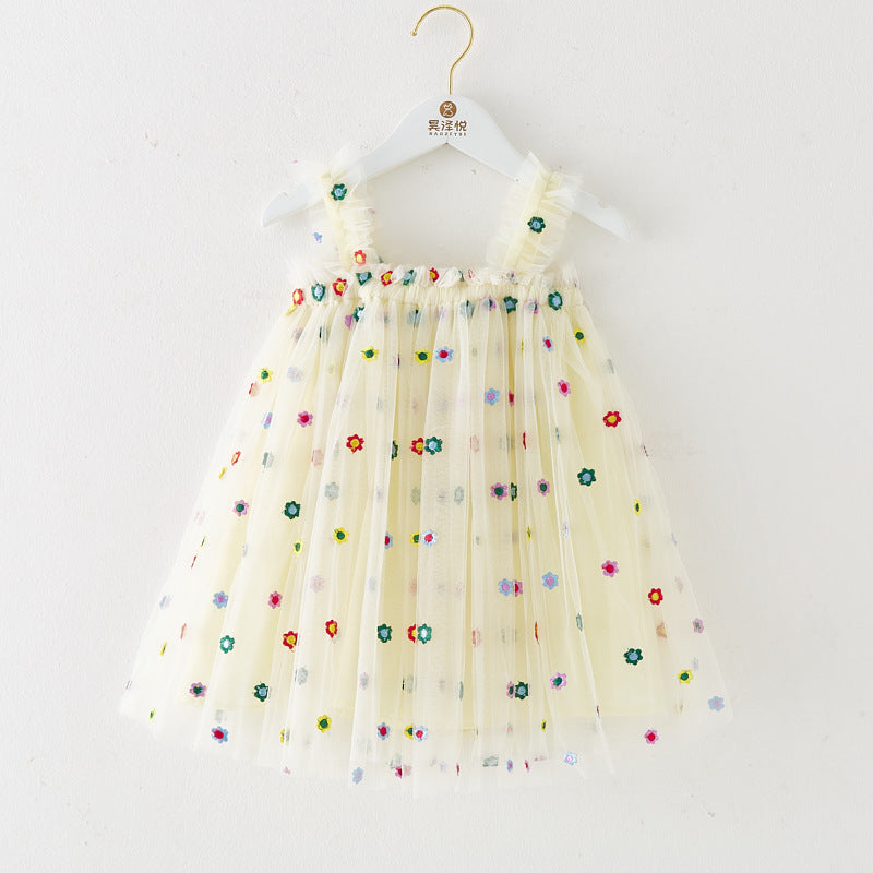 Robe d'été à bretelles pour filles, style nouveau, brodée, en tulle doux