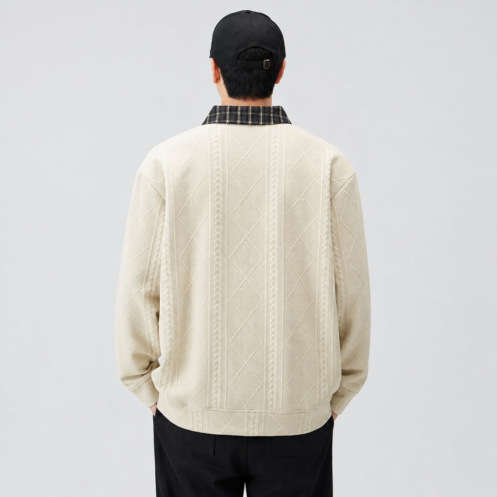 Sweat-shirt en maille jacquard épaisse, à manches longues et col rabattu