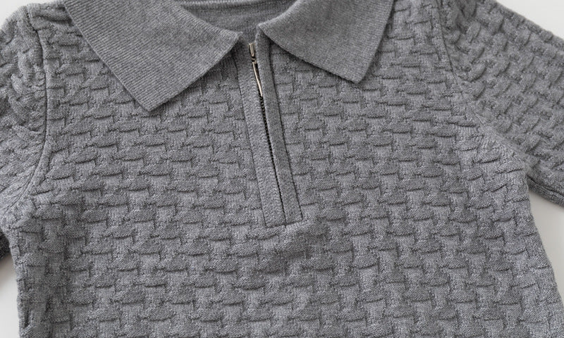 Pull en maille pour garçon, style décontracté, à motif ondulé, col rabattu et demi-fermeture éclair