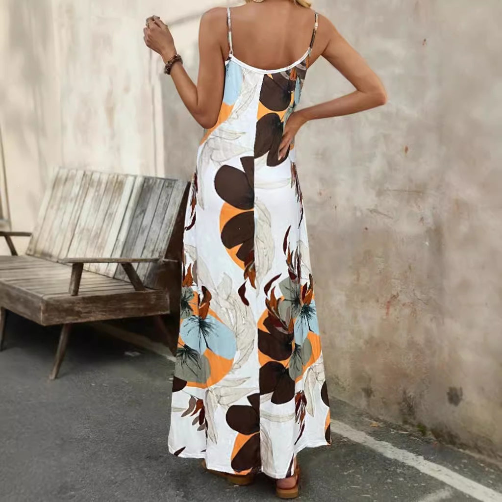 Robe ample imprimée à bretelles et col en V, style vacances printemps-été pour femme