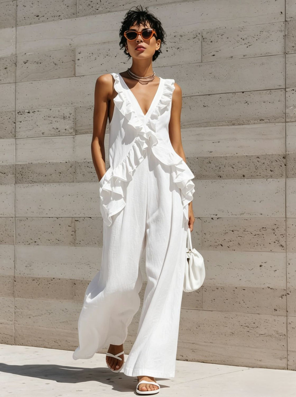 Combinaison sans manches à col en V pour femme, style vacances décontractée