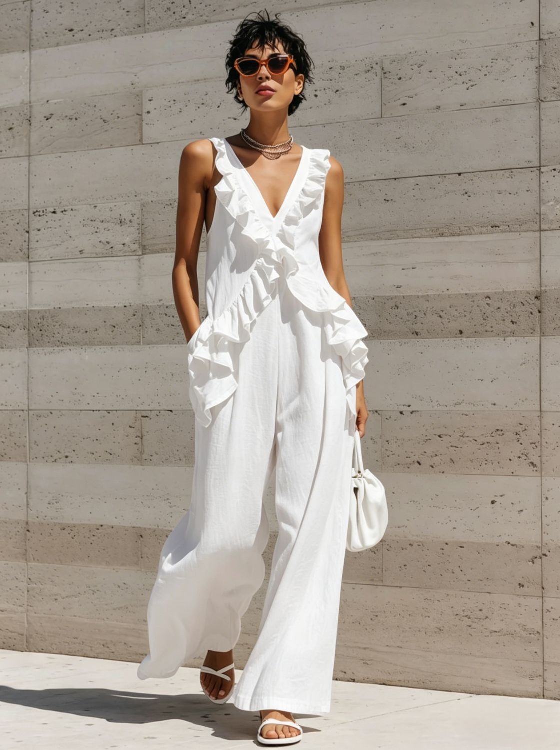 Combinaison sans manches à col en V pour femme, style vacances décontractée