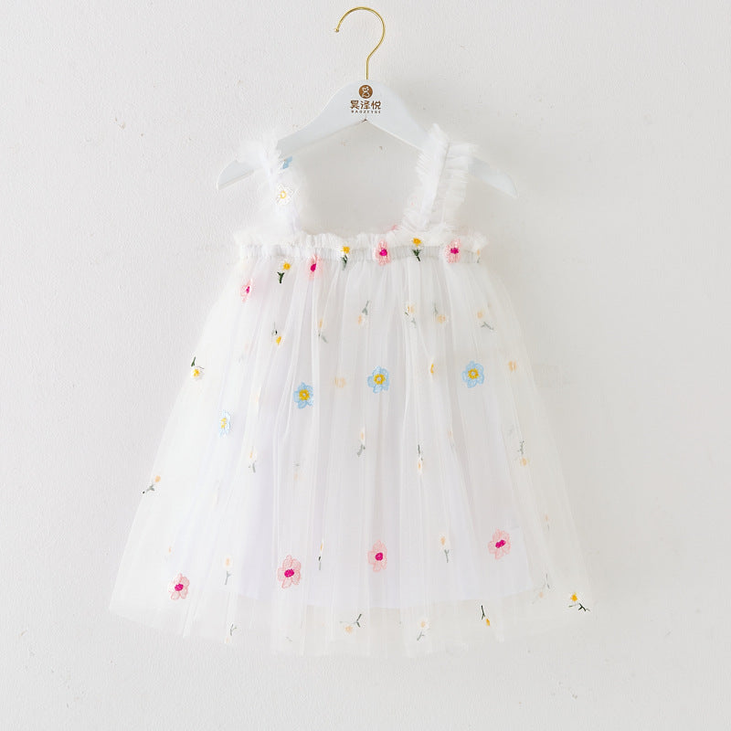 Robe d'été à bretelles pour filles, style nouveau, brodée, en tulle doux