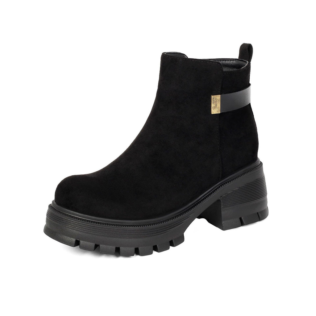 Bottines en daim à tige basse, fermeture éclair latérale, talons hauts et semelles épaisses