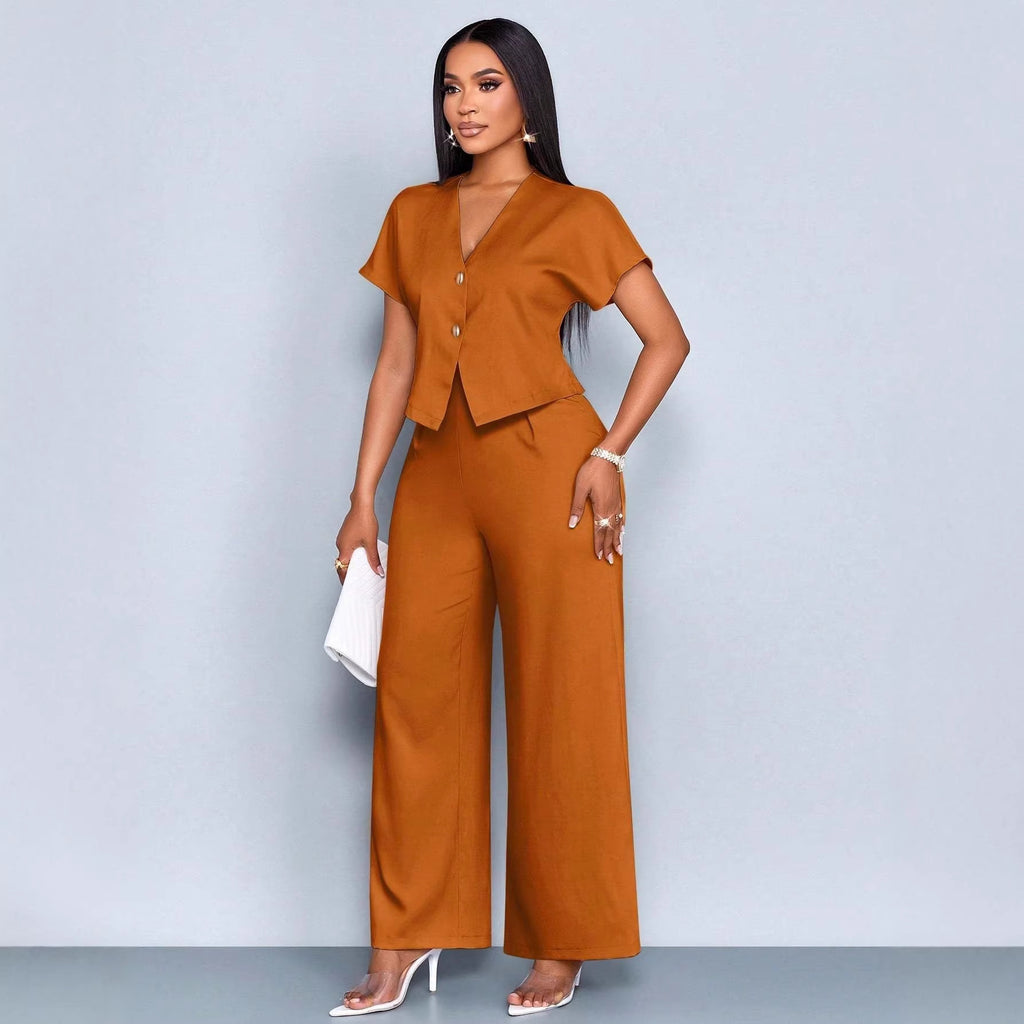 Ensemble deux pièces décontracté grande taille : cardigan asymétrique à manches courtes et col en V, pantalon droit et jambes larges.