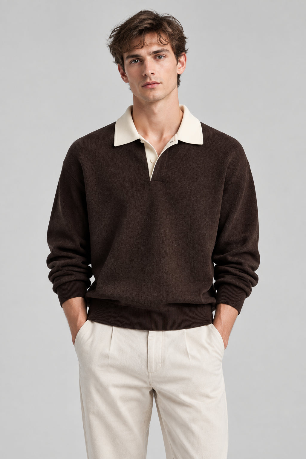 Sweat-shirt vintage à manches longues, col polo et motif color-block