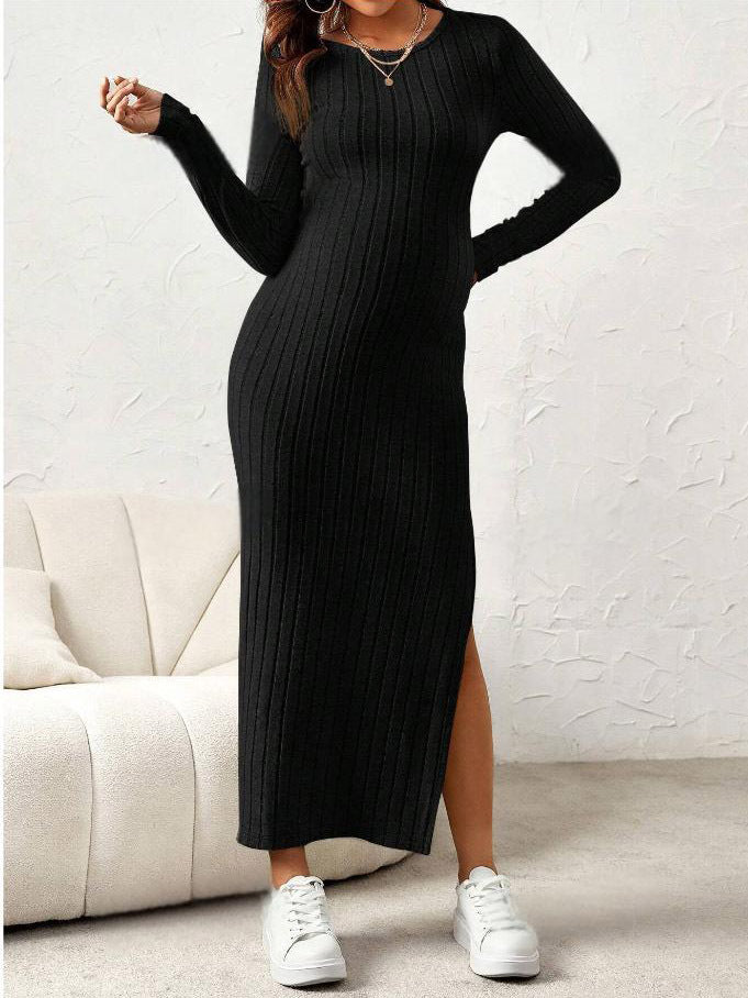 Robe de maternité à col rond, manches longues et fente haute