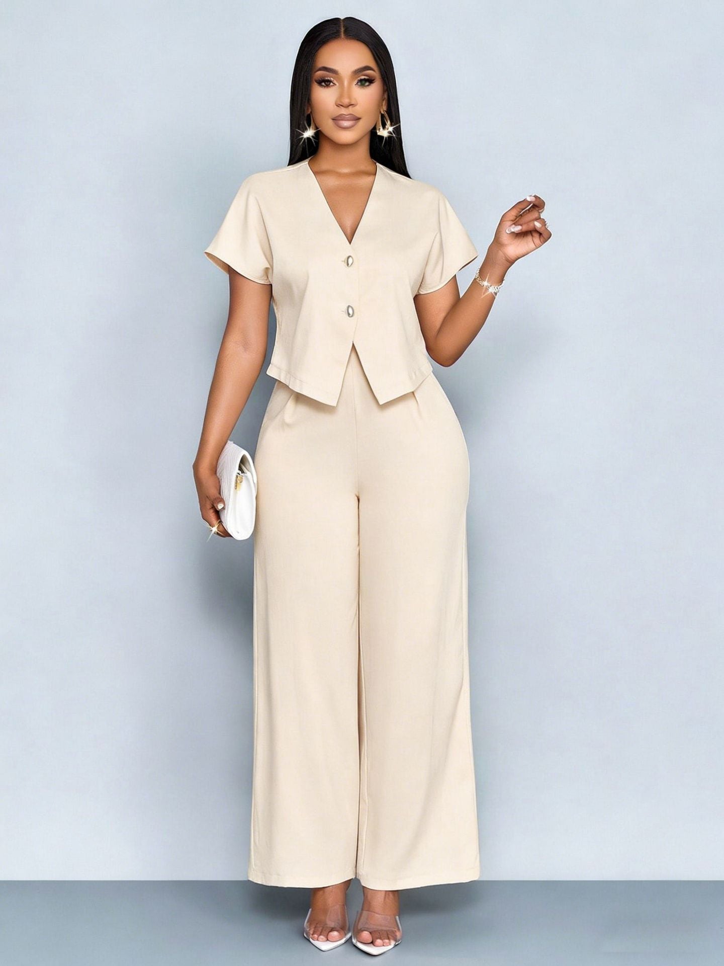 Ensemble deux pièces décontracté grande taille : cardigan asymétrique à manches courtes et col en V, pantalon droit et jambes larges.