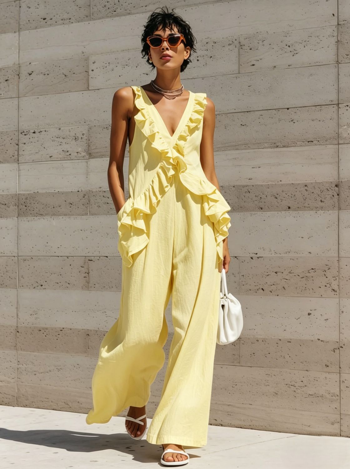 Combinaison sans manches à col en V pour femme, style vacances décontractée