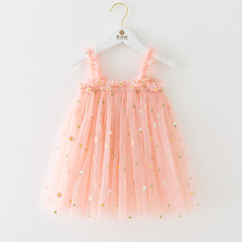 Robe d'été à bretelles pour filles, style nouveau, brodée, en tulle doux