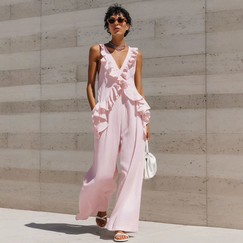 Combinaison sans manches à col en V pour femme, style vacances décontractée