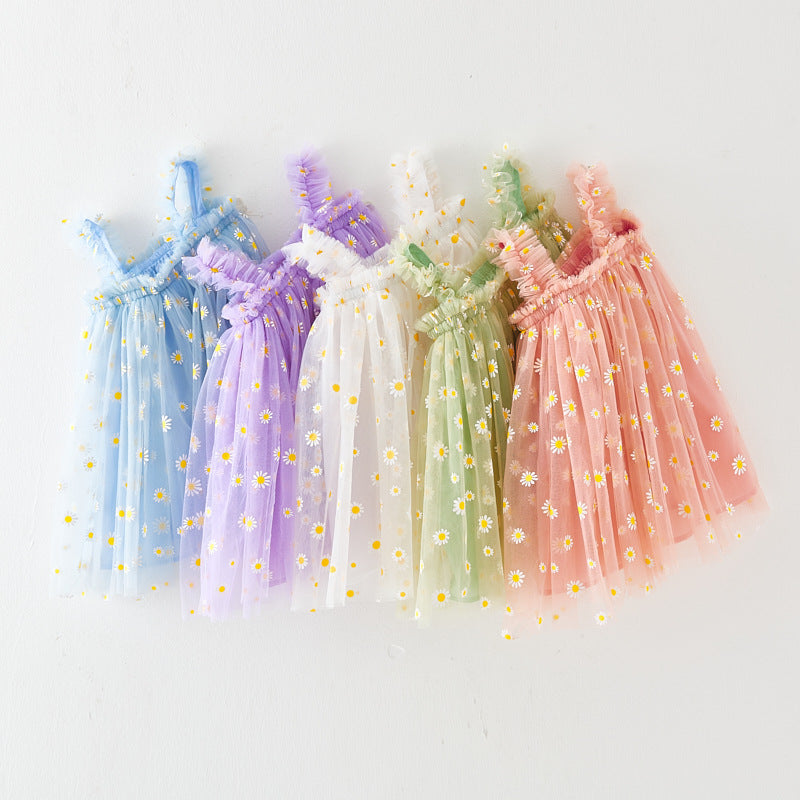 Robe d'été à bretelles pour filles, style nouveau, brodée, en tulle doux
