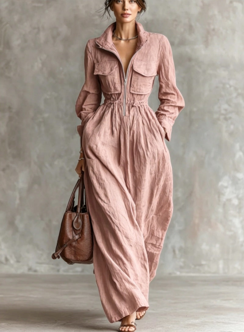 Robe longue pour femme avec col zippé et taille élastique