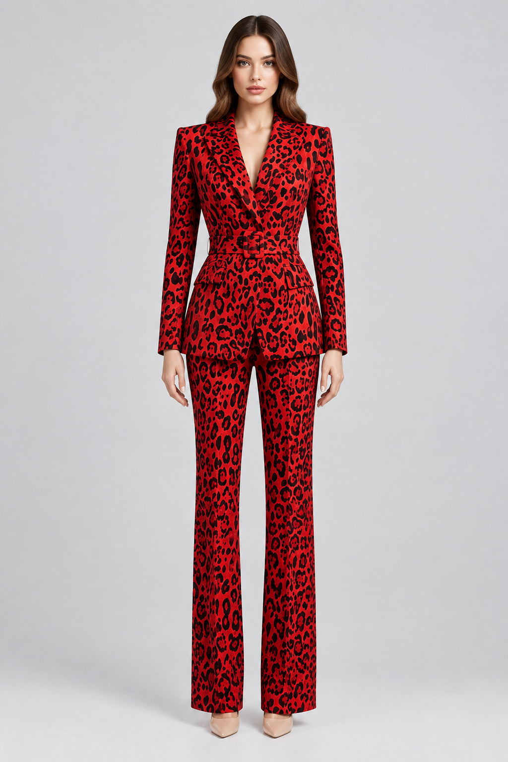 Ensemble deux pièces haut de gamme en velours doré, composé d'une veste à motif léopard et d'un pantalon à jambes étroites.