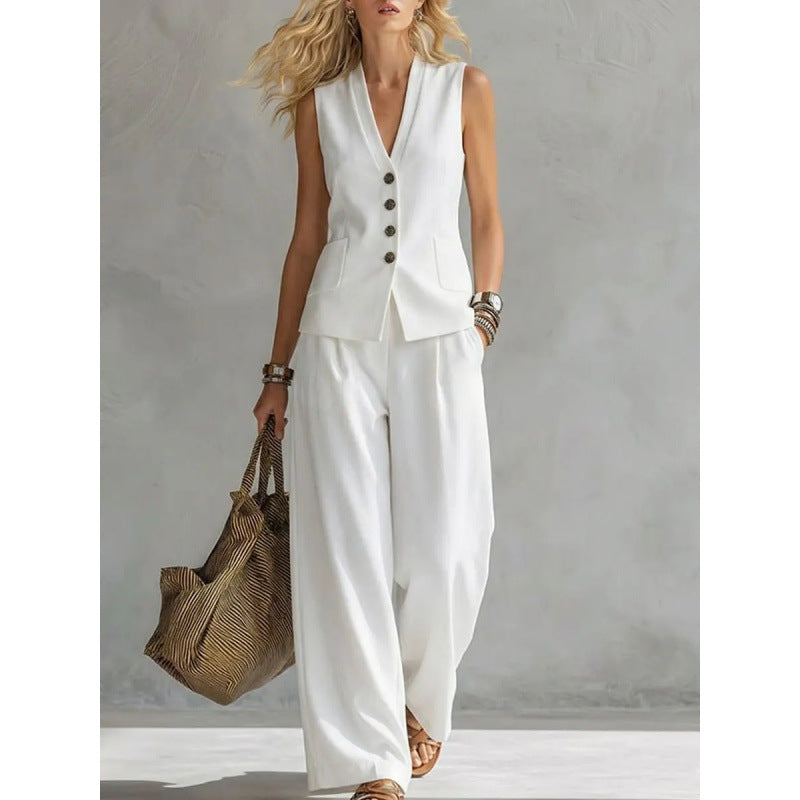 Ensemble gilet et pantalon décontracté en lin uni sans manches