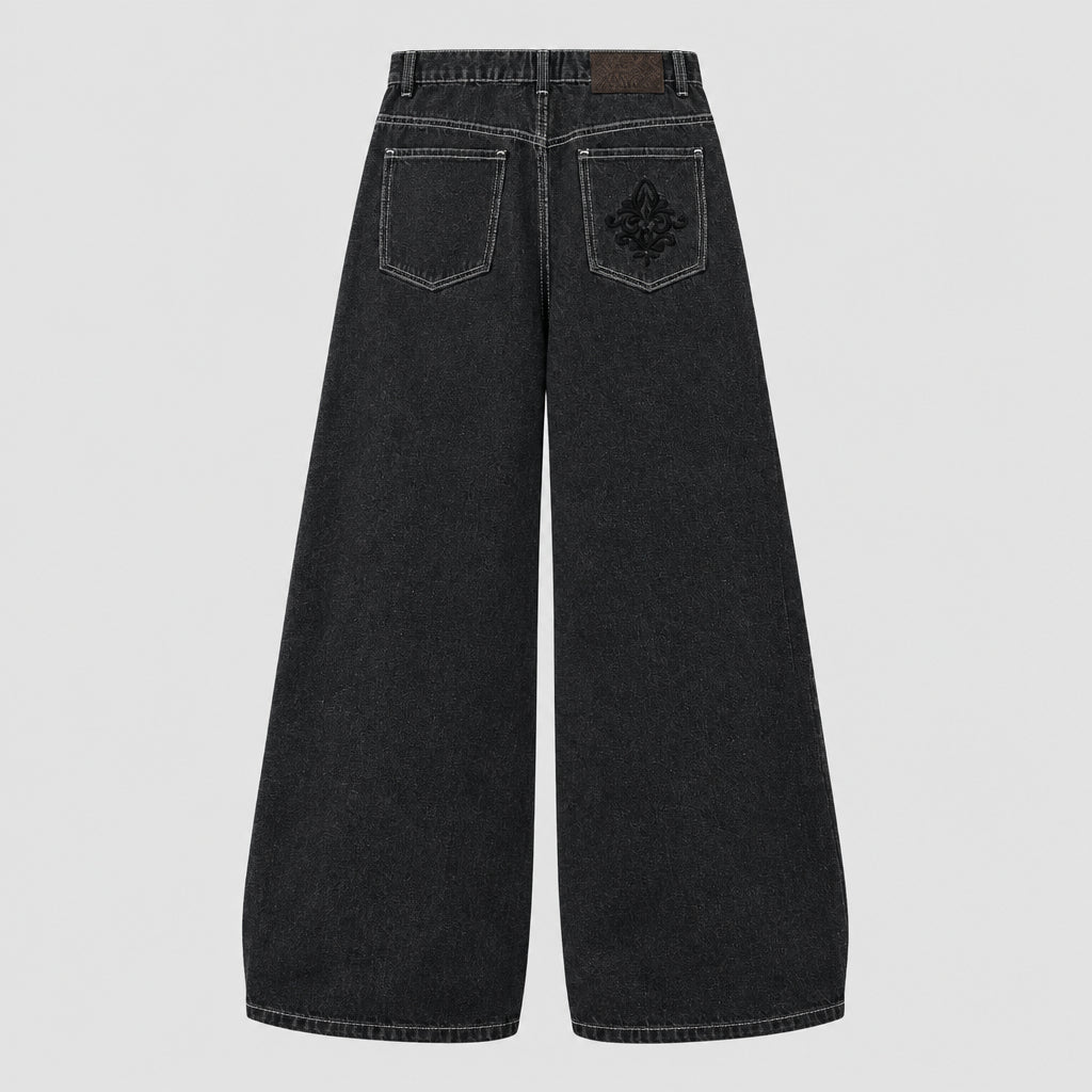 Jean droit pour homme style rétro et ethnique – Denim original, surpiqûres contrastées et broderies