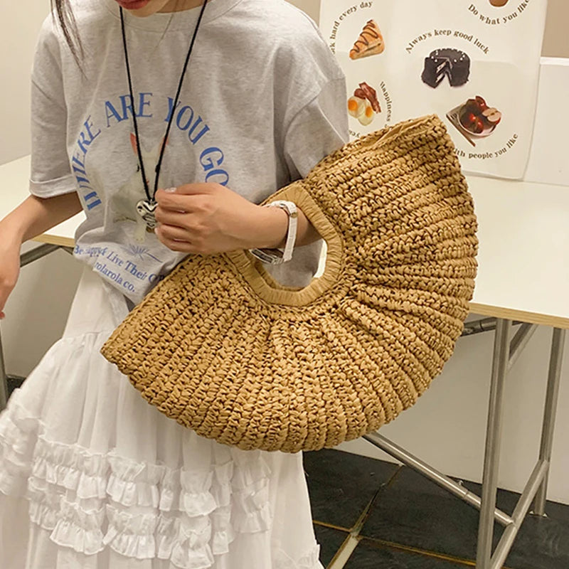 Sac tissé pour femme, grande capacité, en fibres végétales, idéal pour l'été, les vacances et la plage.