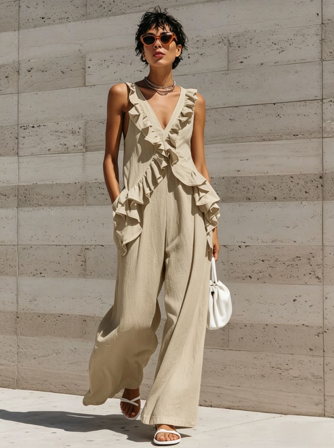 Combinaison sans manches à col en V pour femme, style vacances décontractée