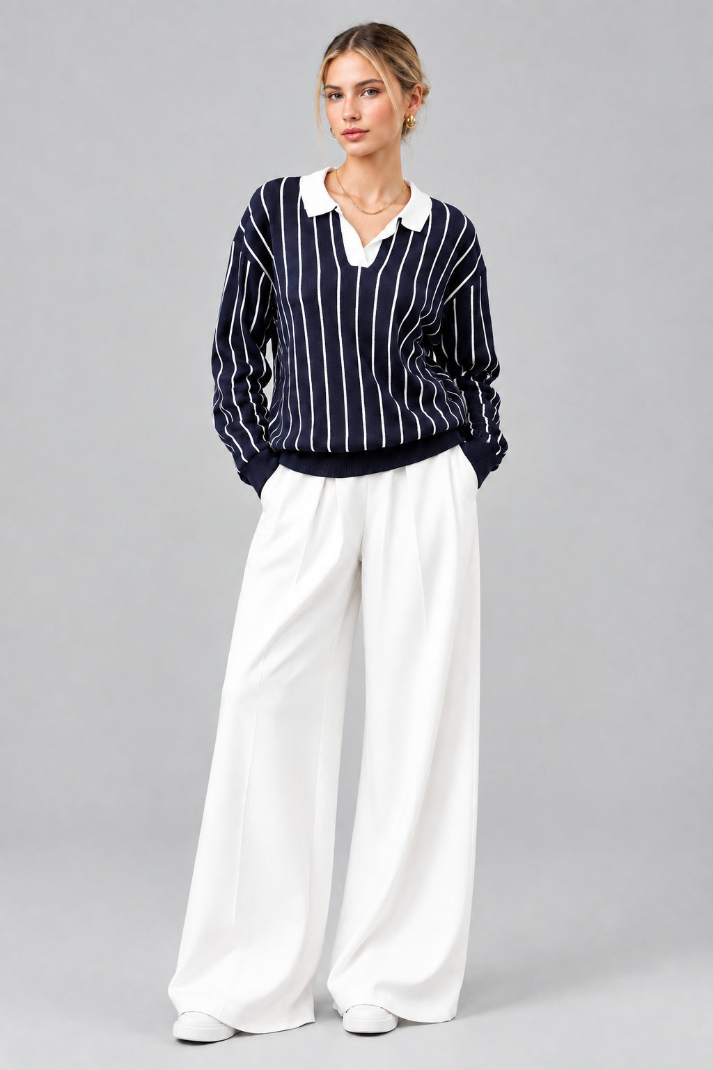 Pull décontracté pour femme à col rayé, style College Street