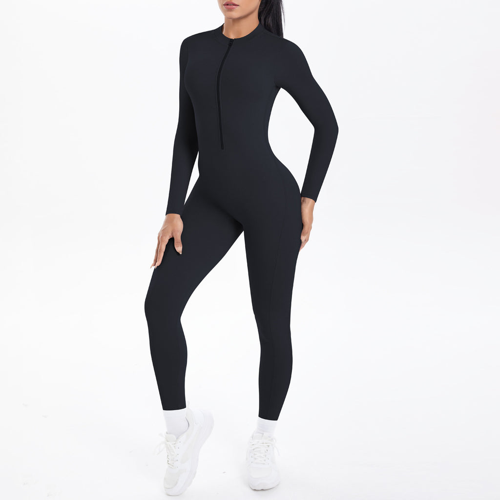 Combinaison de yoga style demi-zip, coupe ajustée effet seconde peau, manches longues et pantalon long, tenue de yoga très élastique.