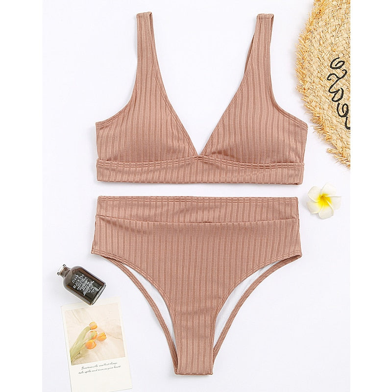 Bikini côtelé uni , taille haute,col V femme