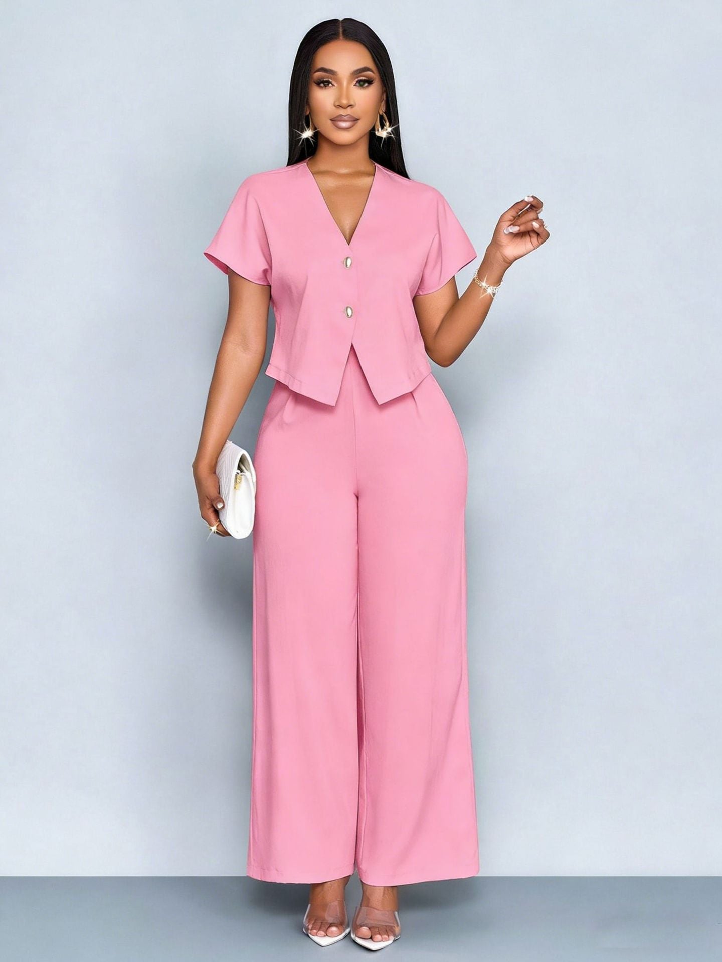Ensemble deux pièces décontracté grande taille : cardigan asymétrique à manches courtes et col en V, pantalon droit et jambes larges.