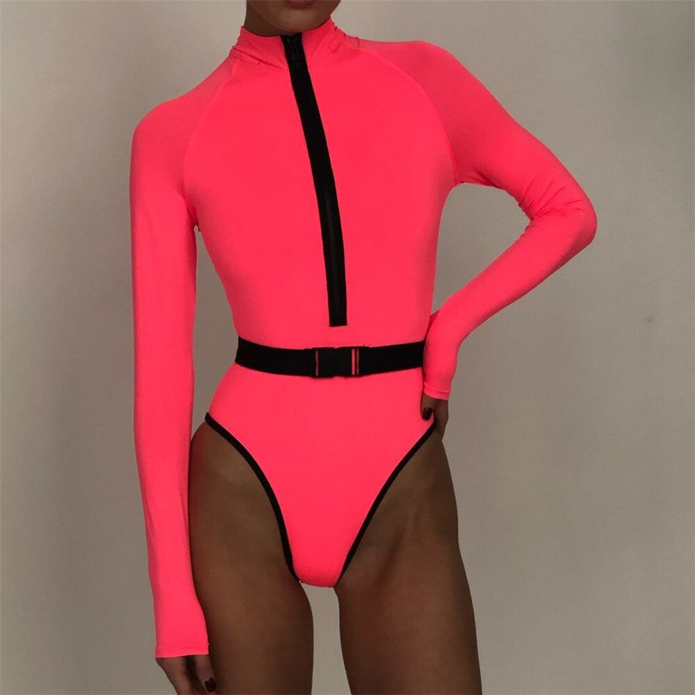 Maillot de bain une pièce femme à manches longues, couleur vert fluo, fermeture éclair, ceinture