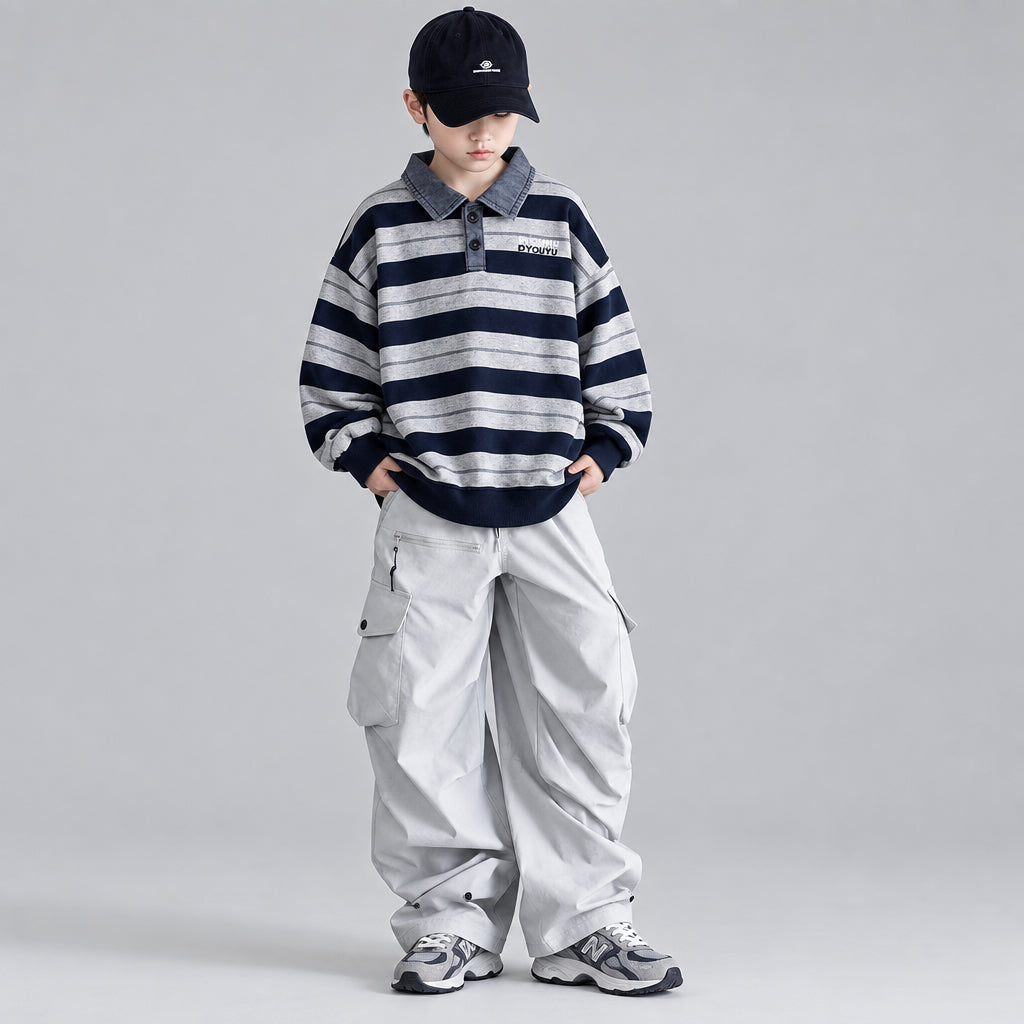 Polo en jean à manches longues pour garçon, à rayures et blocs de couleurs, avec col