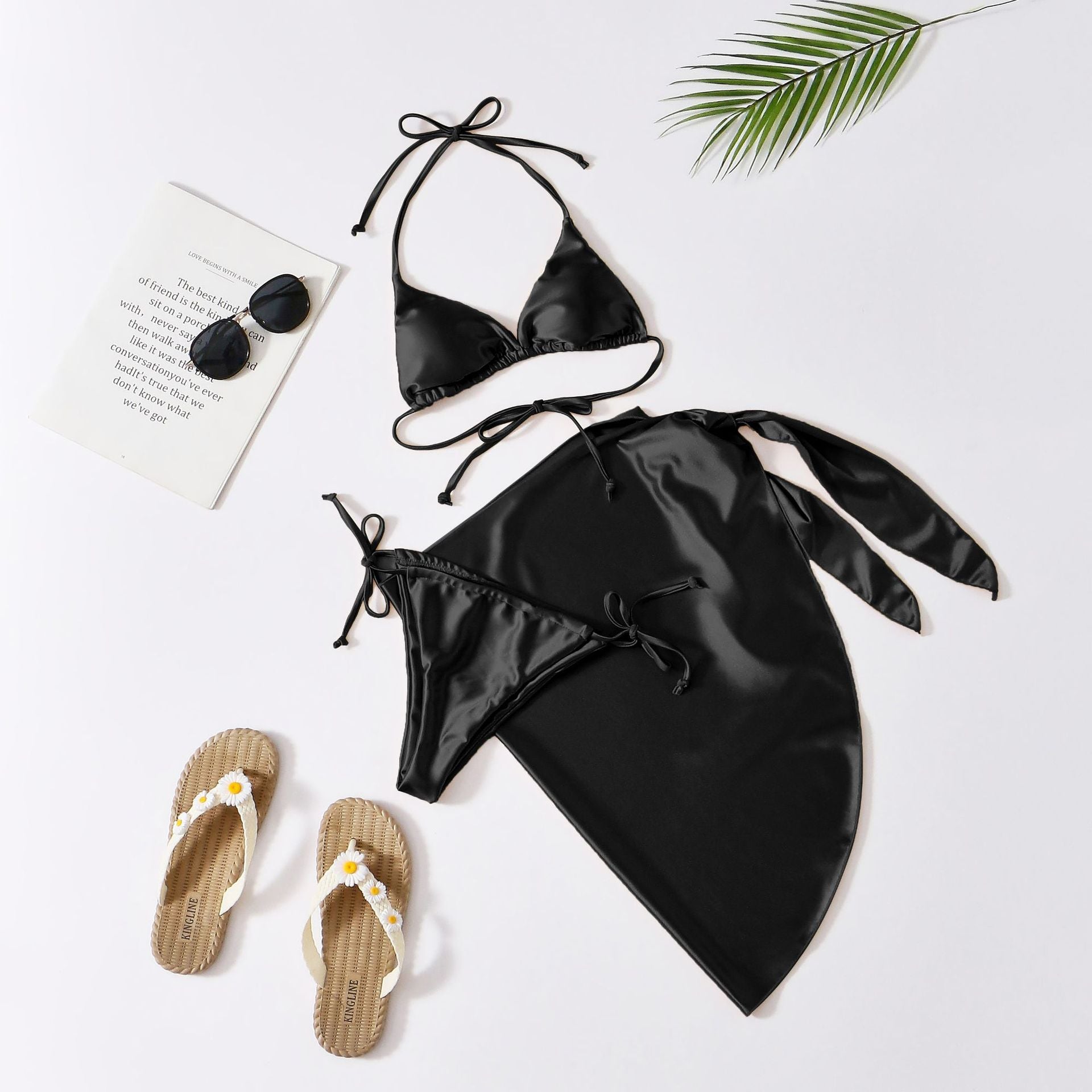 Maillot de bain trois pièces en satin pour femme, bikini