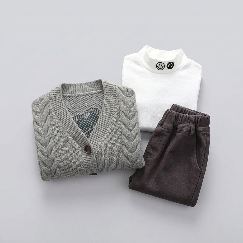 Ensemble 3 pièces pour garçon : veste-pull en maille, pull col roulé et pantalon