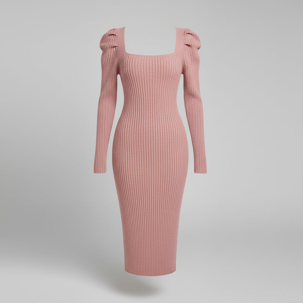 Robe en maille avec manches gigot et fente latérale