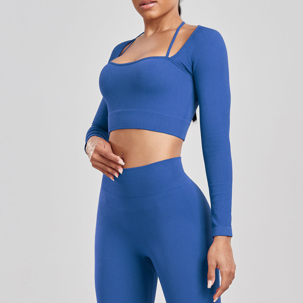 Ensemble de sport pour la course à pied, le yoga et le fitness, composé d'un t-shirt moulant taille haute dos nu et sans coutures côtelé à manches longues et de vêtements de sport à séchage rapide.