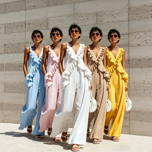 Combinaison sans manches à col en V pour femme, style vacances décontractée