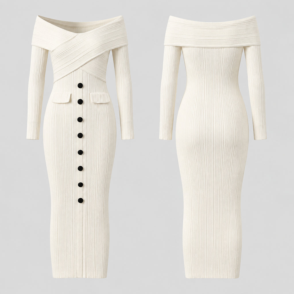 Robe de soirée en maille moulante et sexy, asymétrique (une épaule dénudée), avec une jupe longue épousant les hanches.