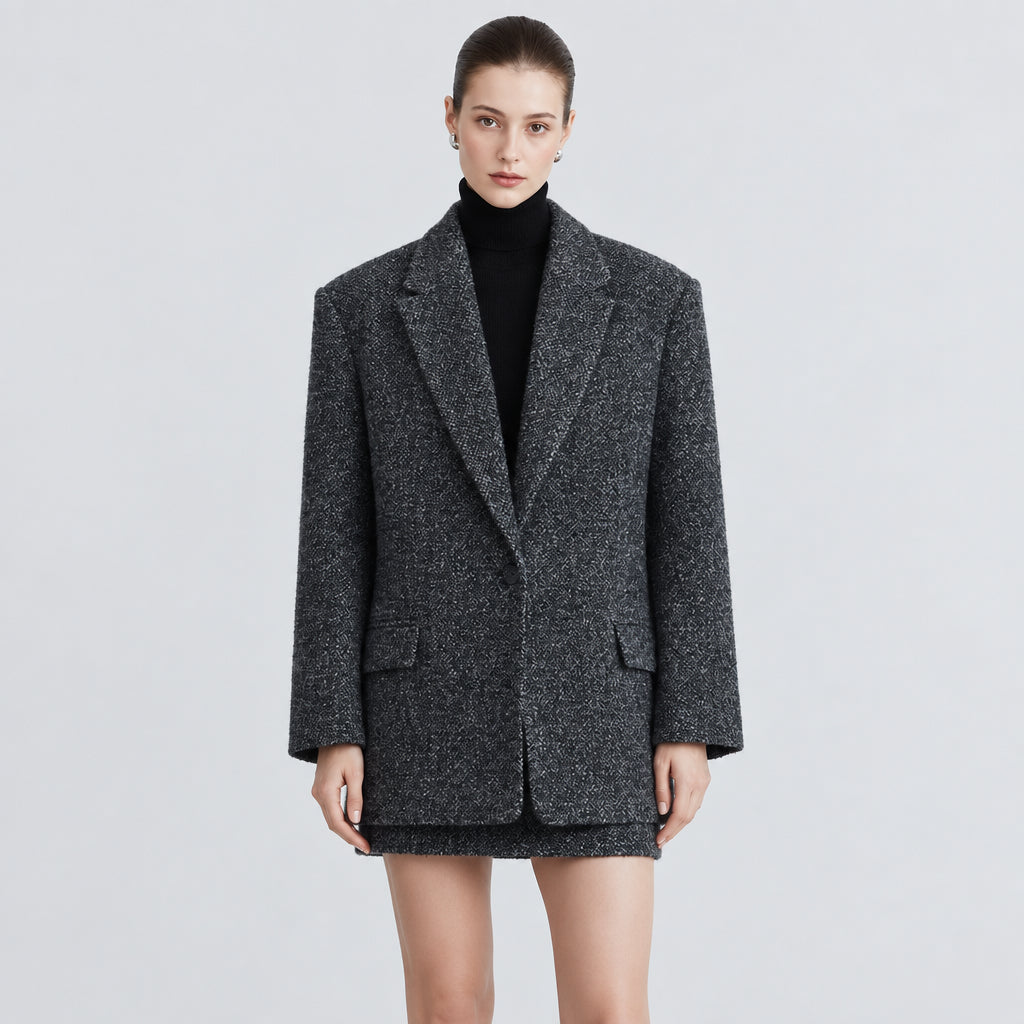 Ensemble décontracté : manteau en laine à col rabattu et fermeture à un bouton & jupe taille haute moulante