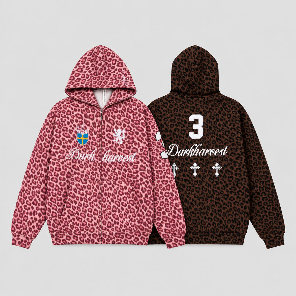 Vesteà motif léopard, zippée, à capuche, coupe ample et épaules tombantes