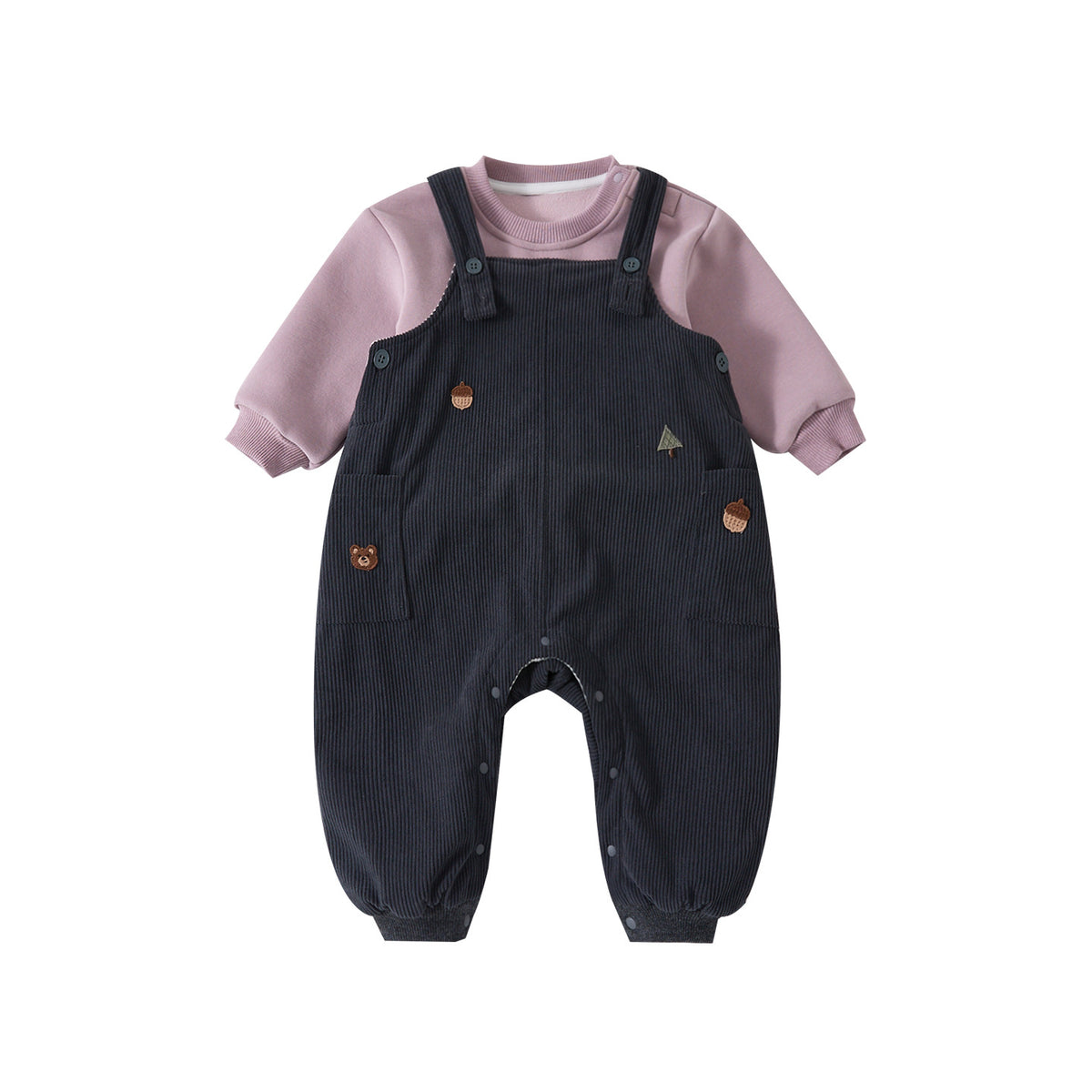 Salopette en velours, sweat-shirt pingouin