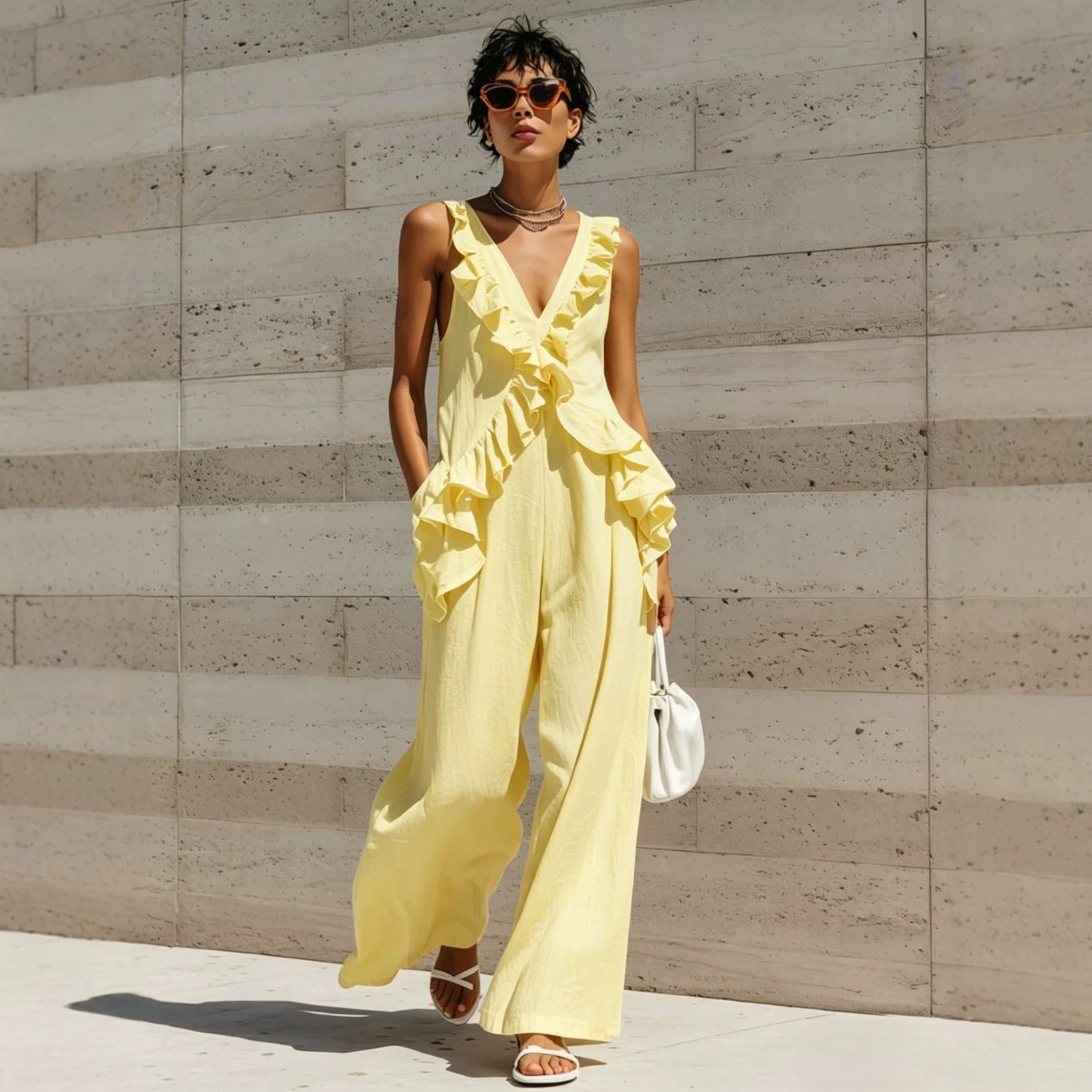 Combinaison sans manches à col en V pour femme, style vacances décontractée