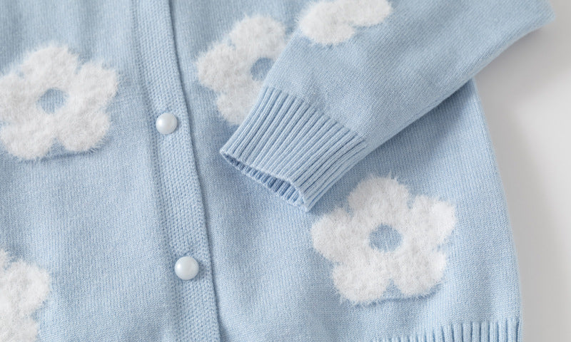 Gilet en maille à motif floral pour fille, pull tout doux, haut boutonné