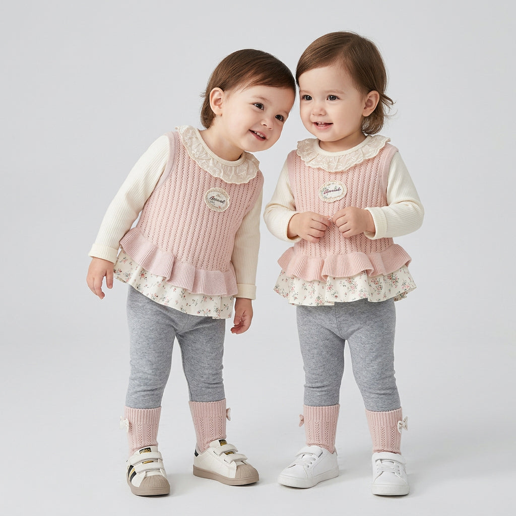 Ensemble trois pièces en maille à motif floral pour fille