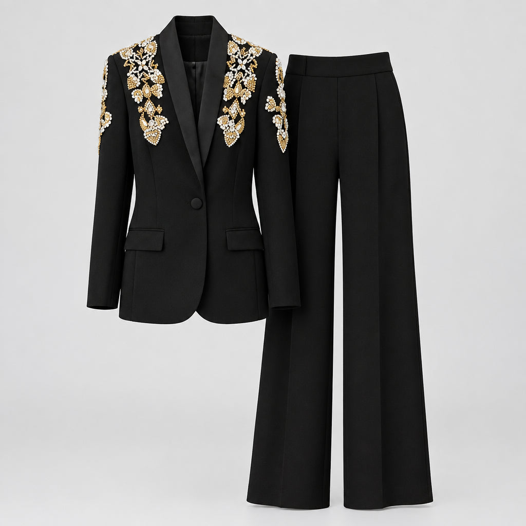 Ensemble veste de costume à col montant et pantalon fendu, , avec détails de clous et de strass.