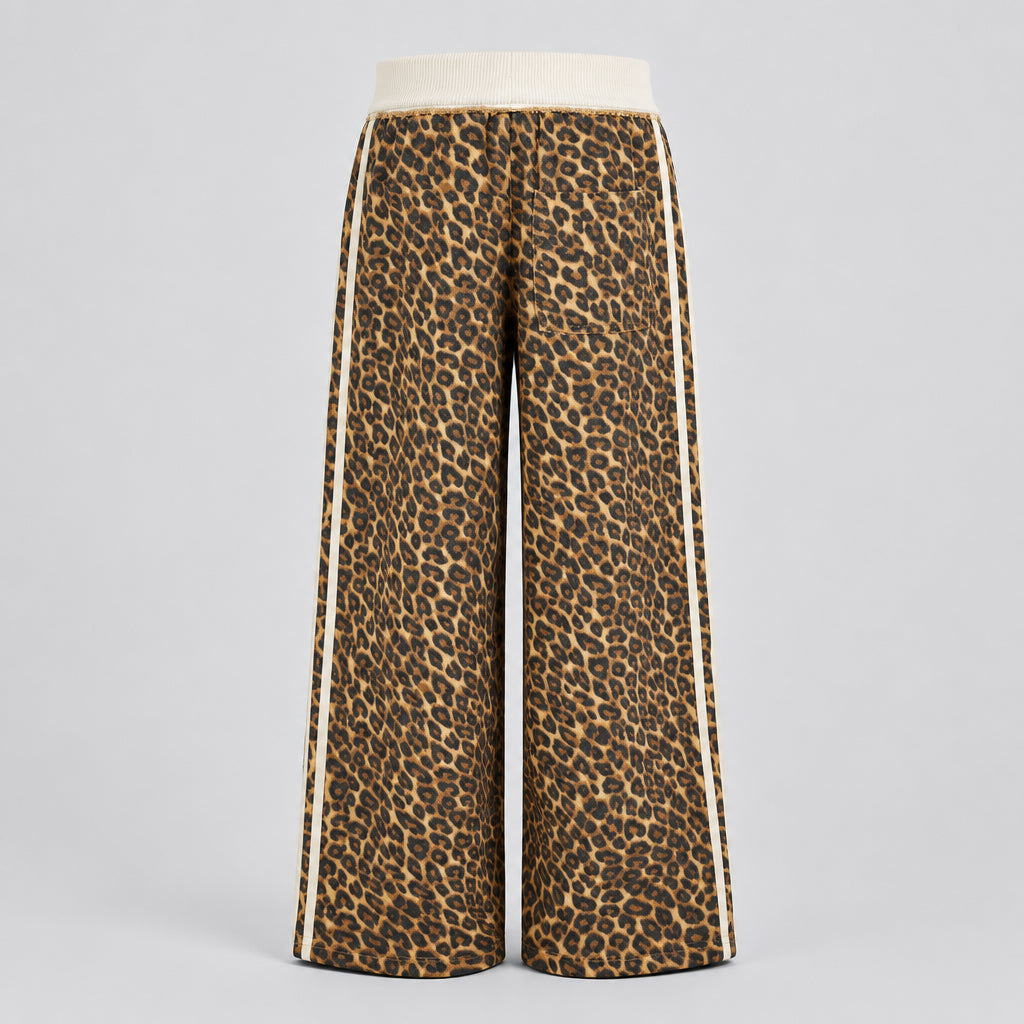 Pantalon décontracté à jambes larges, motif léopard et bandes latérales, avec empiècement blanc contrastant à la taille
