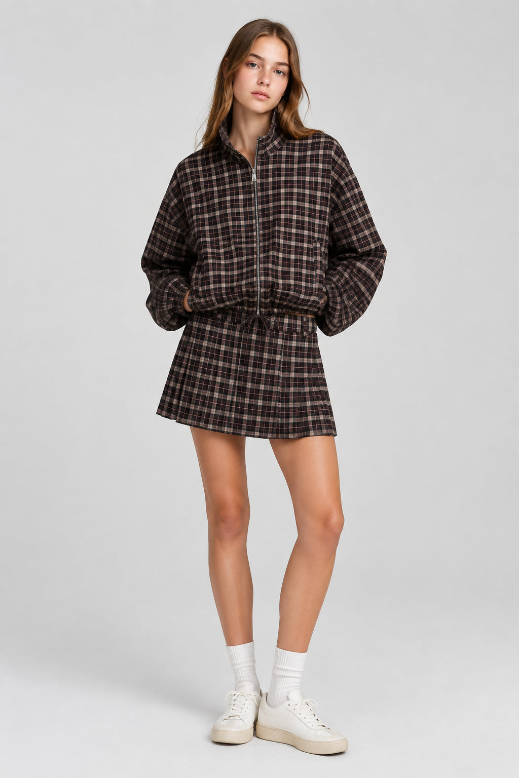 Ensemble veste à carreaux zippée coupe ample et jupe-culotte
