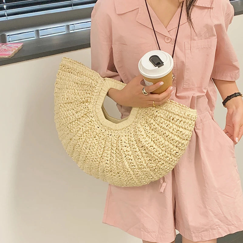 Sac tissé pour femme, grande capacité, en fibres végétales, idéal pour l'été, les vacances et la plage.