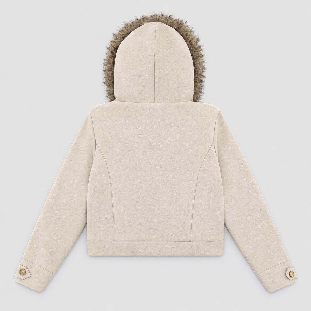 Veste décontractée en imitation daim, croisée, avec capuche et col en fourrure