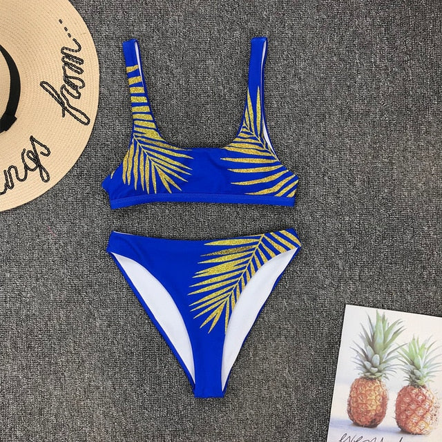 Bikini imprimé Feuille sexy noir, bikini imprimé feuilles, micro maillot de bain brésilien femme