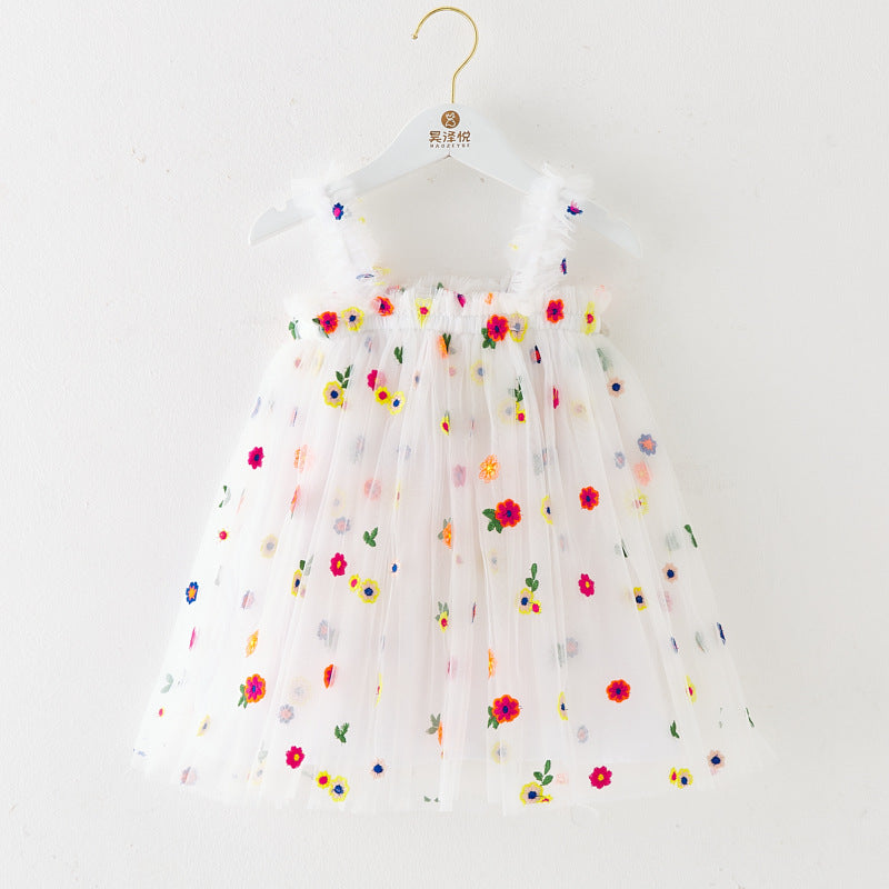 Robe d'été à bretelles pour filles, style nouveau, brodée, en tulle doux