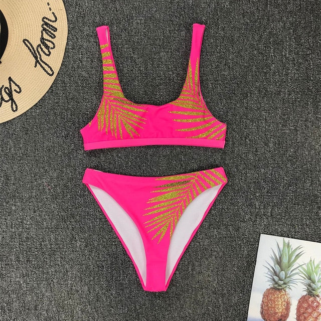 Bikini imprimé Feuille sexy noir, bikini imprimé feuilles, micro maillot de bain brésilien femme