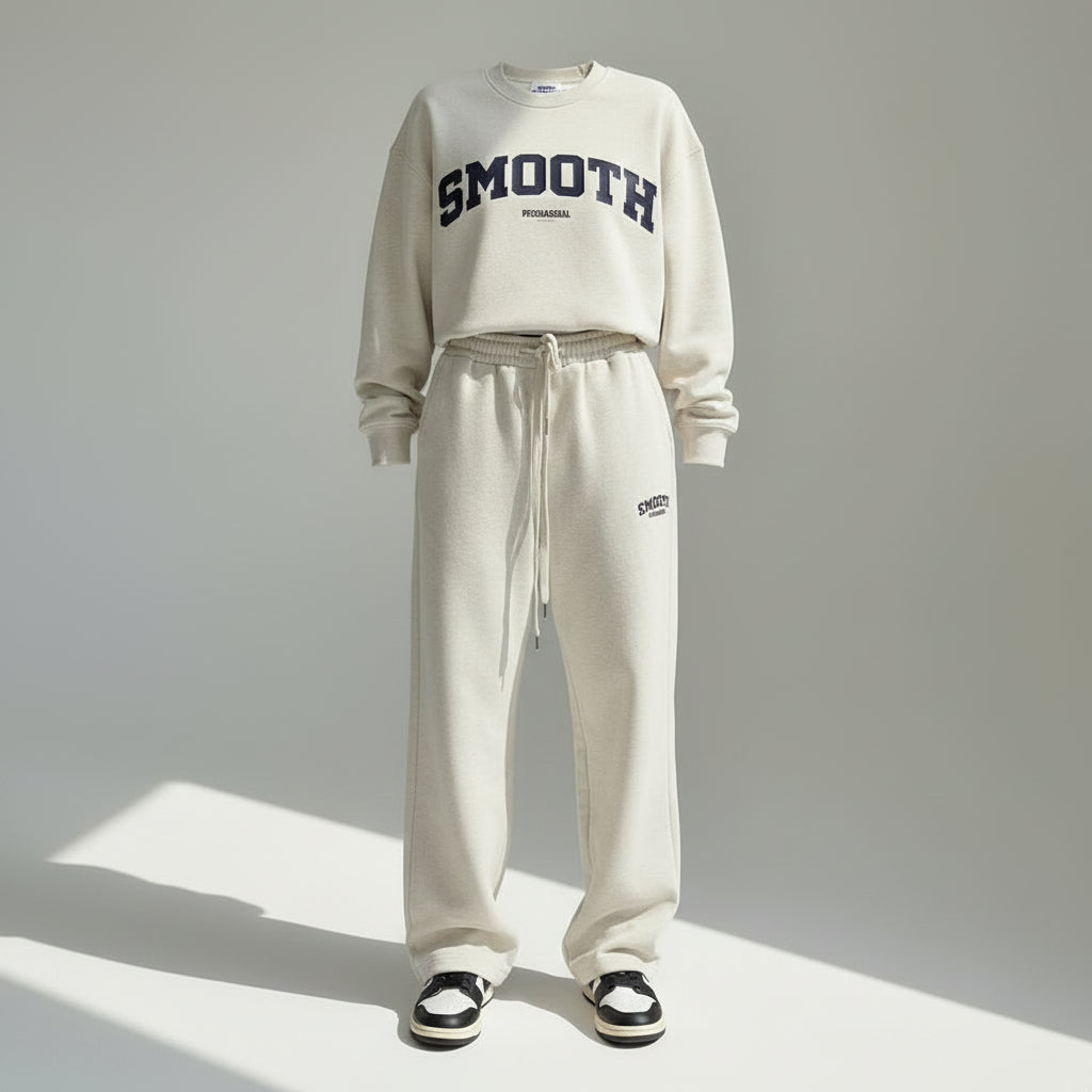 Ensemble : sweat ample et pantalon large.