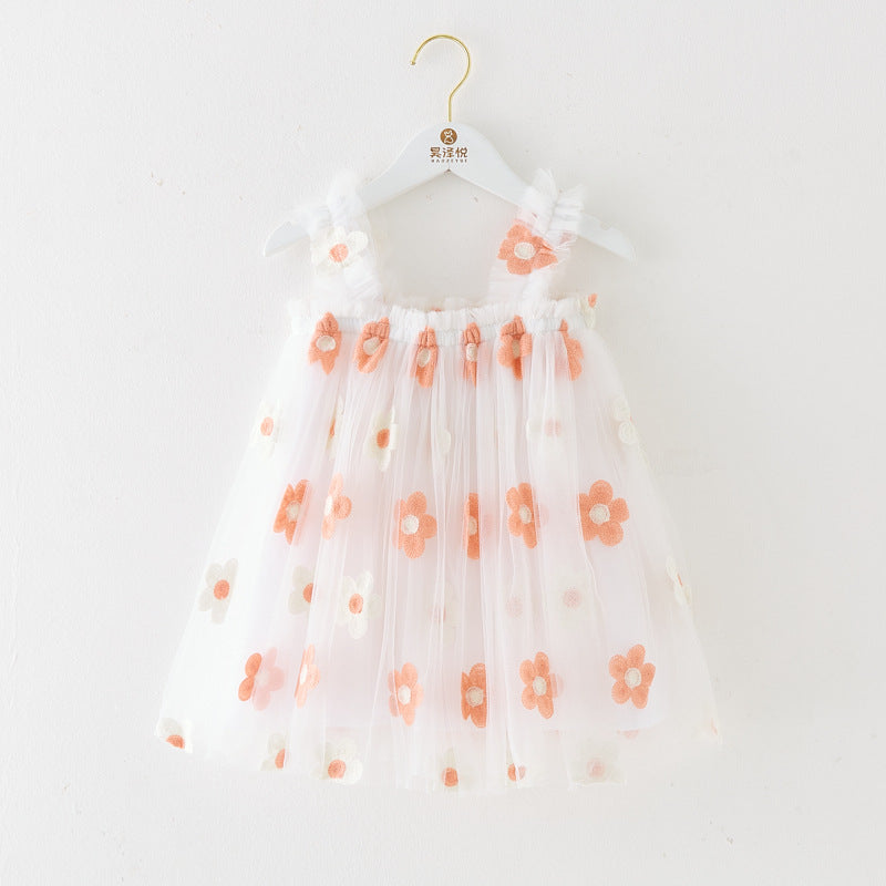 Robe d'été à bretelles pour filles, style nouveau, brodée, en tulle doux